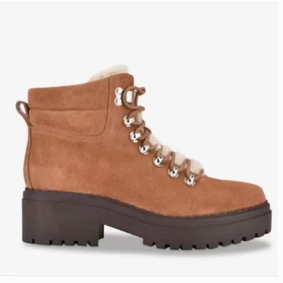 Marc Fisher Nairy Hiking Boots 8 Suede NWOT Tan Ankle Booties Combat Moto Sherpa - Picture 2 of 9